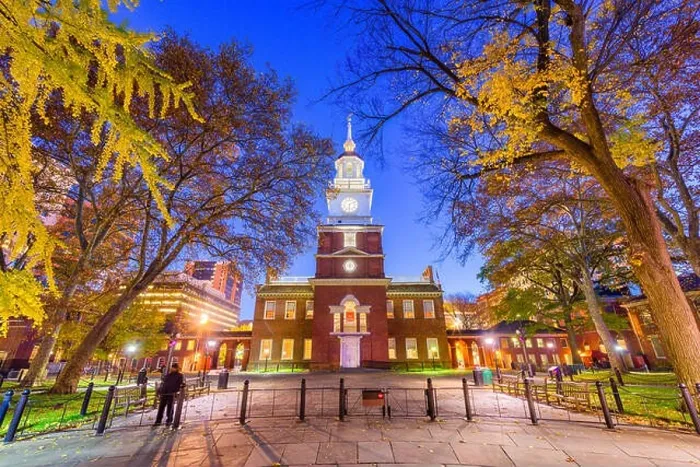 Framed Print : Philadelphia, Pennsylvania, USA at Independence Hall at twilight during autumn season