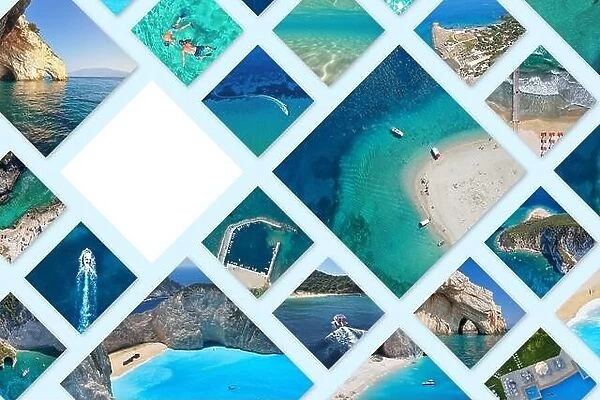 Photo collage Greece. Greek Islands. Zakynthos, Marathonisi, Blue Caves, Navagio Beach. Travel concept
