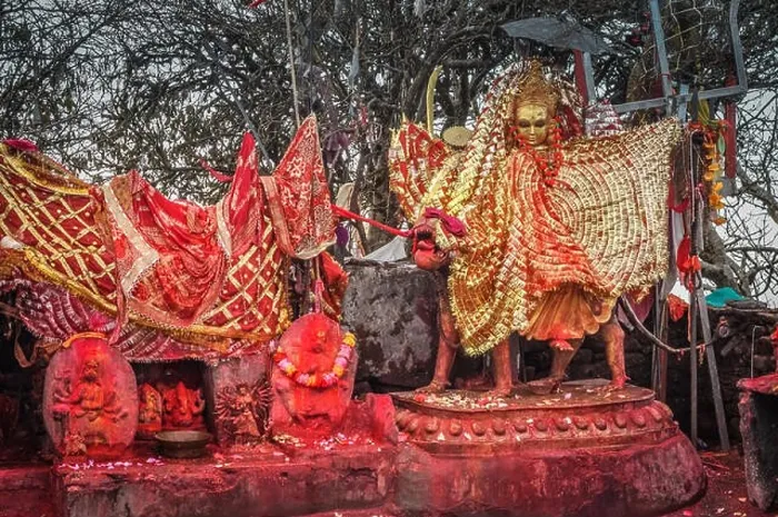 Framed Print : Photo of large golden and red statues with golden cloth and ornaments near Pathivara Devi Temple in Nepal Framed Print : Photo of large golden and red statues with golden cloth and ornaments near Pathivara Devi Temple in Nepal