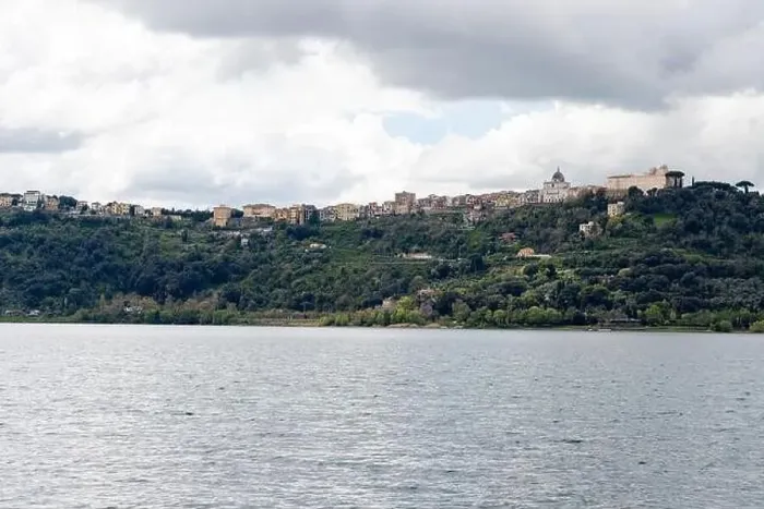 Framed Print : Photograph taken in Castel Gandolfo, Italy, featuring a view of the lake and mountains with a distant cityscape Framed Print : Photograph taken in Castel Gandolfo, Italy, featuring a view of the lake and mountains with a distant cityscape