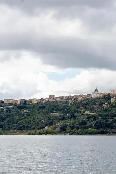 Framed Print : Photograph taken in Castel Gandolfo, Italy, featuring a view of the lake and mountains with a distant cityscape Framed Print : Photograph taken in Castel Gandolfo, Italy, featuring a view of the lake and mountains with a distant cityscape
