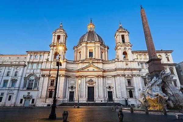 Piazza Navona at the Obelisk and Sant'Agnese in Rome, Italy at twilight