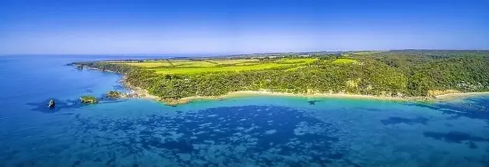 Framed Print : Picturesque coastline and farmlands in Victoria, Australia - wide aerial panorama