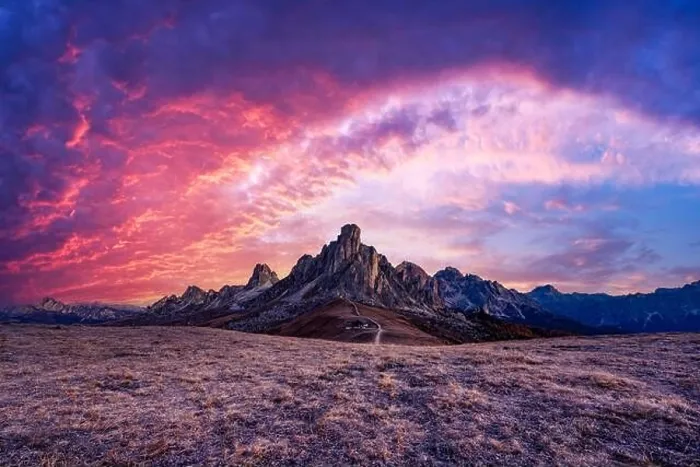 Framed Print : Picturesque landscape during incredible pink sunset in Italian Dolomites mountains. Passo Giau (Giau pass) Framed Print : Picturesque landscape during incredible pink sunset in Italian Dolomites mountains. Passo Giau (Giau pass)