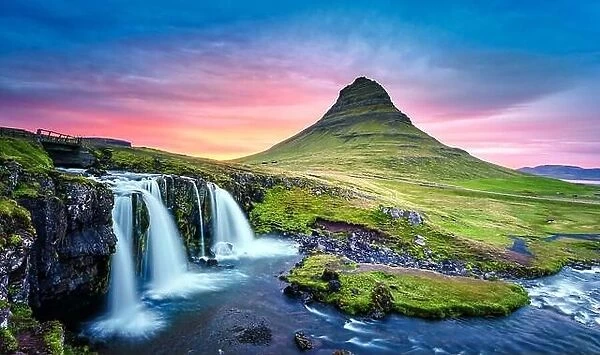 Picturesque landscape with Kirkjufellsfoss waterfall and Kirkjufell mountain, Iceland, Europe