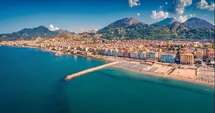 Framed Print : Picturesque morning view from flying drone of Salerno city