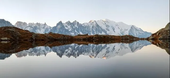 Framed Print : Picturesque panorama of Chesery lake (Lac De Cheserys) and snowy Monte Bianco mountains range on background, Chamonix, France Alps Framed Print : Picturesque panorama of Chesery lake (Lac De Cheserys) and snowy Monte Bianco mountains range on background, Chamonix, France Alps