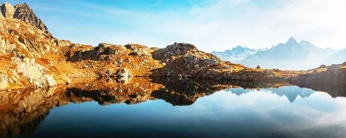 Framed Print : Picturesque panorama of Chesery lake (Lac De Cheserys) and snowy Monte Bianco mountains range on background, Chamonix, France Alps