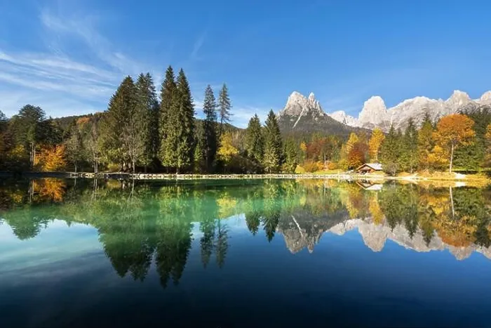 Framed Print : Picturesque view at autumn Welsperg lake in Dolomite Alps. Canali Valley, Primiero San Martino di Castrozza, Province of Trento, Italy