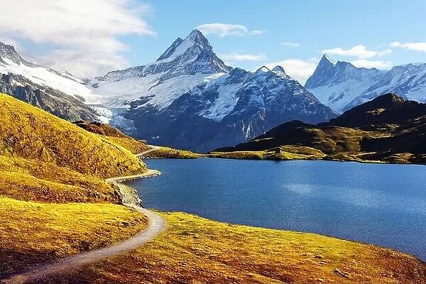 Picturesque view on Bachalpsee lake in Swiss Alps mountains. Snowy peaks of Wetterhorn, Mittelhorn and Rosenhorn on background