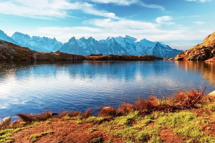 Framed Print : Picturesque view of Chesery lake (Lac De Cheserys) and snowy Monte Bianco mountains range on background, Chamonix, France Alps. Landscape photography Framed Print : Picturesque view of Chesery lake (Lac De Cheserys) and snowy Monte Bianco mountains range on background, Chamonix, France Alps. Landscape photography