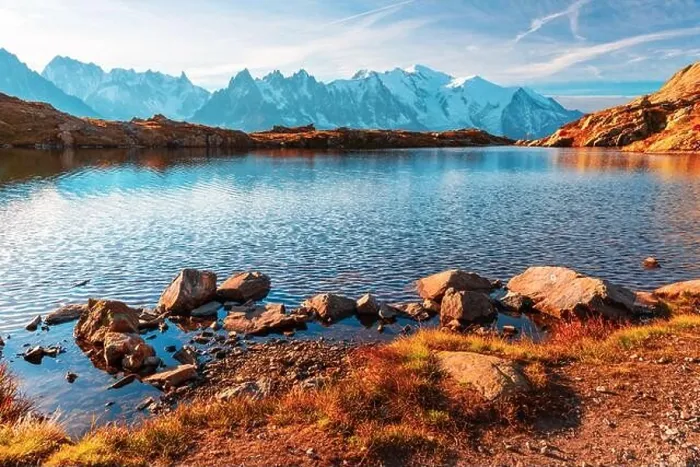 Framed Print : Picturesque view of Chesery lake (Lac De Cheserys) and snowy Monte Bianco mountains range on background, Chamonix, France Alps. Landscape photography Framed Print : Picturesque view of Chesery lake (Lac De Cheserys) and snowy Monte Bianco mountains range on background, Chamonix, France Alps. Landscape photography