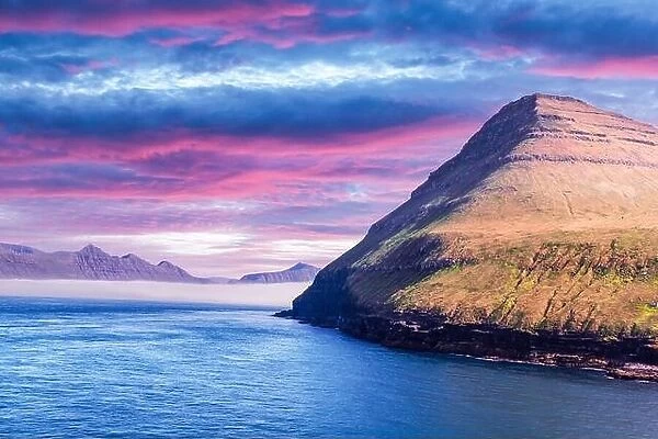 Picturesque view on faroese islands mountains near village of Gjogv on the Eysturoy island, Faroe Islands, Denmark. Landscape photography