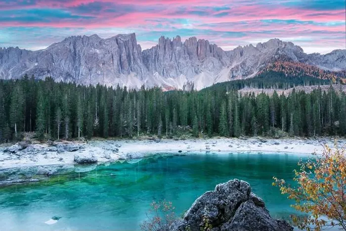 Framed Print : Picturesque view on frozen Karersee lake in Bolzano province - South Tyrol. Pink sunrise in Italian Dolomite Alps. Landscape photography Framed Print : Picturesque view on frozen Karersee lake in Bolzano province - South Tyrol. Pink sunrise in Italian Dolomite Alps. Landscape photography