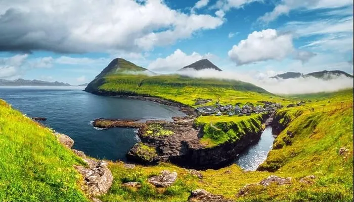 Framed Print : Picturesque view on village of Gjogv with typically colourful houses on the Eysturoy island, Faroe Islands, Denmark. Landscape photography Framed Print : Picturesque view on village of Gjogv with typically colourful houses on the Eysturoy island, Faroe Islands, Denmark. Landscape photography