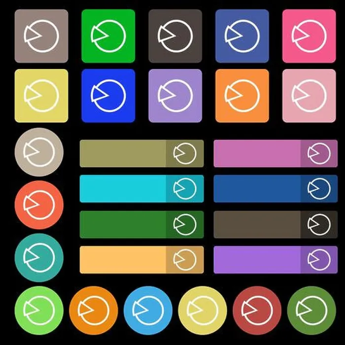Framed Print : Pie chart graph icon sign. Set from twenty seven multicolored flat buttons. Vector illustration