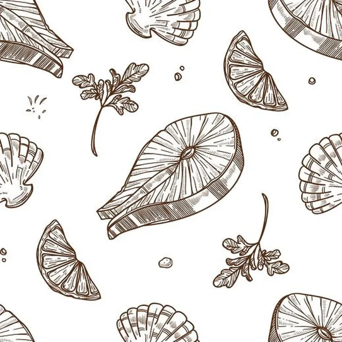 Framed Print : Piece of salmon, lemon slice and fresh greenery monochrome seamless pattern Framed Print : Piece of salmon, lemon slice and fresh greenery monochrome seamless pattern