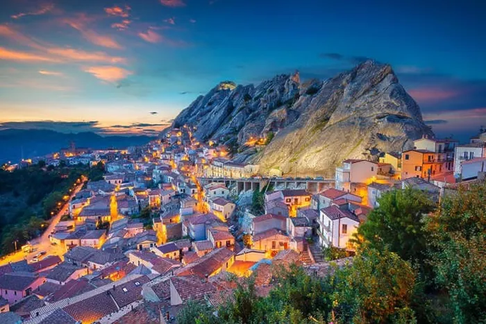Framed Print : Pietrapertosa, Italy. Cityscape aerial image of medieval city of Pietrapertosa, Italy during beautiful sunset