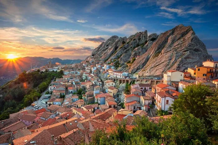 Framed Print : Pietrapertoza, Italy. Cityscape aerial image of medieval city of Pietrapertoza, Italy during beautiful sunset