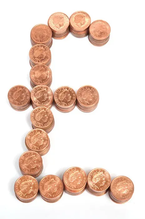 Framed Print : Piles of one pence coins in a pound sign Framed Print : Piles of one pence coins in a pound sign