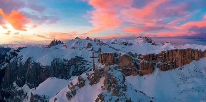 Framed Print : Pink clouds at sunset over Gran Cir summit cross and Odle mountains covered with snow in winter Framed Print : Pink clouds at sunset over Gran Cir summit cross and Odle mountains covered with snow in winter