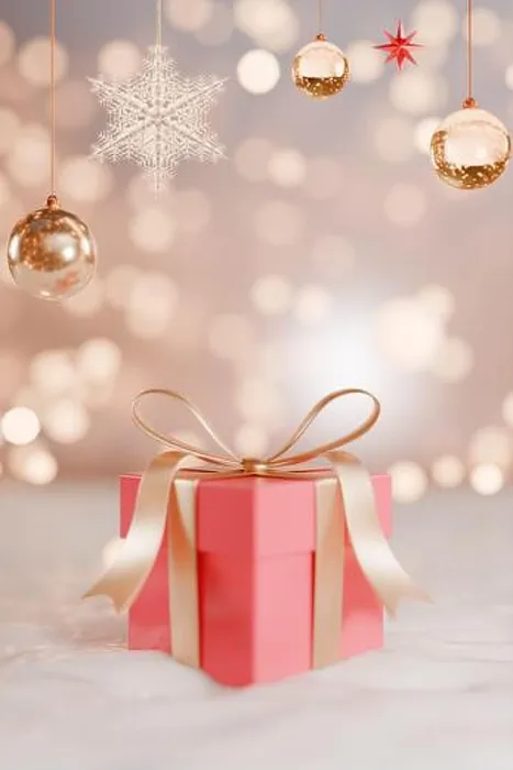 Framed Print : A pink gift box adorned with a ribbon, surrounded by festive ornaments, celebrating the holiday season. 3d rendering Framed Print : A pink gift box adorned with a ribbon, surrounded by festive ornaments, celebrating the holiday season. 3d rendering