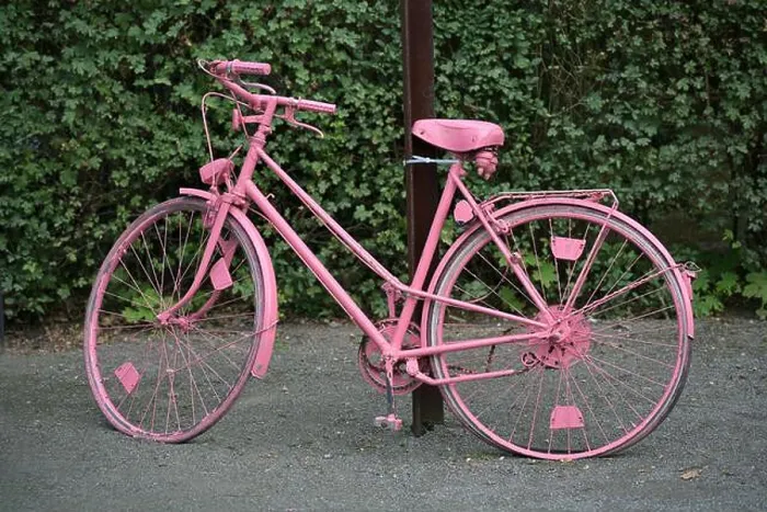 Framed Print : Pink painted bicycle with flat tires as decoration in front of a hedge Framed Print : Pink painted bicycle with flat tires as decoration in front of a hedge