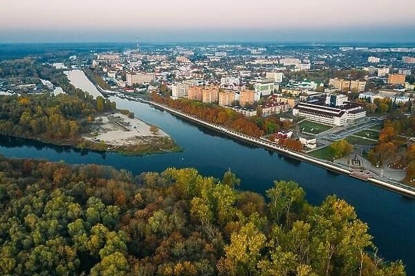 Pinsk, Brest Region Of Belarus, In The Polesia Region, At The Confluence Of The Pina River And The Pripyat River. Pinsk Cityscape Skyline In Autumn