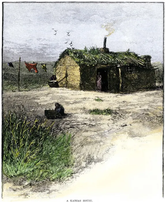 Framed Print : Pioneer family sod house on the Kansas Great Plains 1800s. Hand-colored woodcut