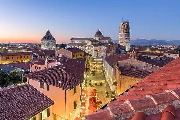 Pisa, Italy with the Duomo and Leaning Tower at dusk
