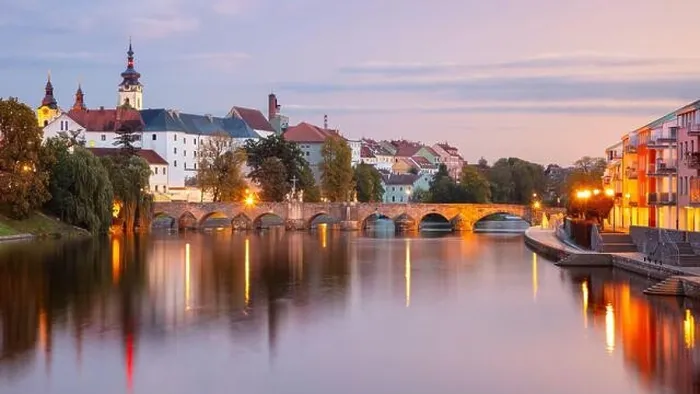Framed Print : Pisek, Czech Republic. Panoramic cityscape image of Pisek with famous Stone Bridge at beautiful autumn sunset Framed Print : Pisek, Czech Republic. Panoramic cityscape image of Pisek with famous Stone Bridge at beautiful autumn sunset