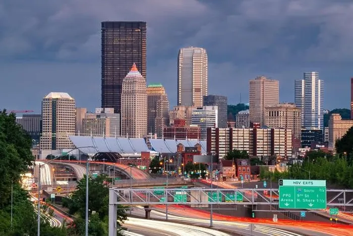 Framed Print : Pittsburgh, Pennsylvania, USA downtown city skyline over looking highways at dusk Framed Print : Pittsburgh, Pennsylvania, USA downtown city skyline over looking highways at dusk