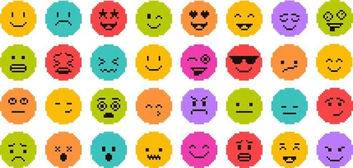 Framed Print : Pixel art faces. Retro pixelated emojis