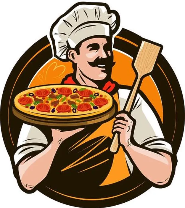 Framed Print : Pizzeria, fast food logo or label. Happy chef holding pizza and scapula in hands. Vector illustration Framed Print : Pizzeria, fast food logo or label. Happy chef holding pizza and scapula in hands. Vector illustration
