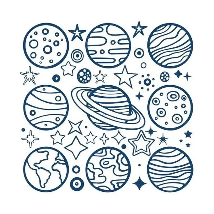Framed Print : Planets and stars. Hand drawn planets and different shape stars vector illustration set Framed Print : Planets and stars. Hand drawn planets and different shape stars vector illustration set