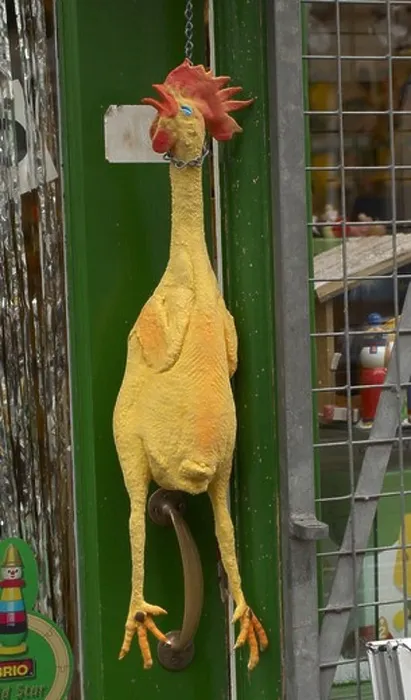 Framed Print : Plastic chicken hanging outside toy and novelties shop