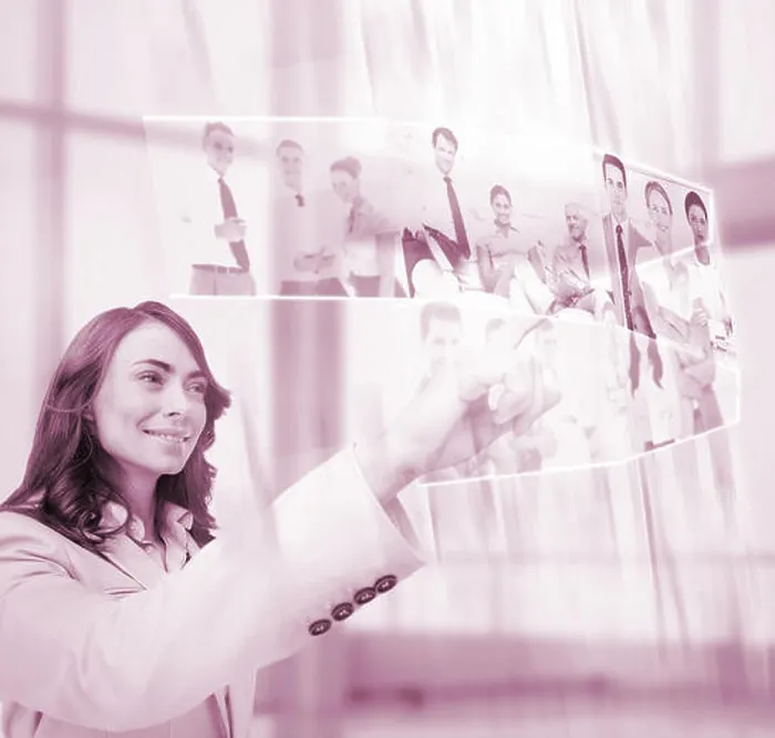 Framed Print : Pleased businesswoman scrolling pictures on digital screen Framed Print : Pleased businesswoman scrolling pictures on digital screen