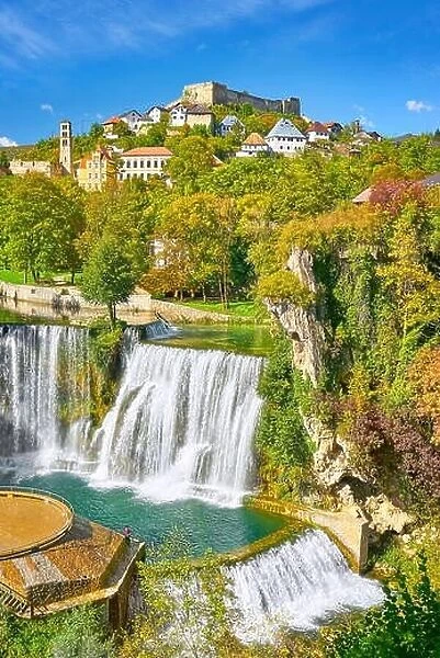 Pliva River Waterfall and castle from 14th century, Jajce town, Bosnia and Herzegovina