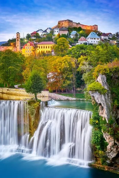 Framed Print : Pliva River Waterfall and castle from 14th century, Jajce town at evening, Bosnia and Herzegovina Framed Print : Pliva River Waterfall and castle from 14th century, Jajce town at evening, Bosnia and Herzegovina