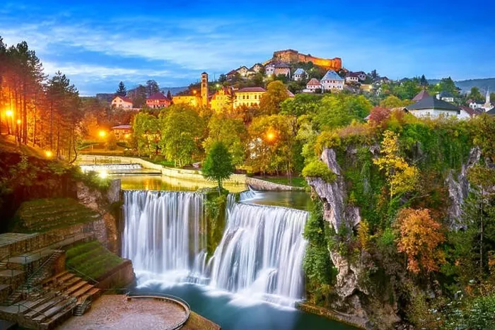 Framed Print : Pliva River Waterfall and castle from 14th century, Jajce town at evening, Bosnia and Herzegovina Framed Print : Pliva River Waterfall and castle from 14th century, Jajce town at evening, Bosnia and Herzegovina