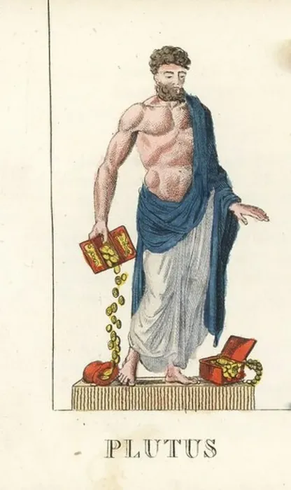 Framed Print : Plutus, Roman god of wealth, with boxes of gold coins Framed Print : Plutus, Roman god of wealth, with boxes of gold coins