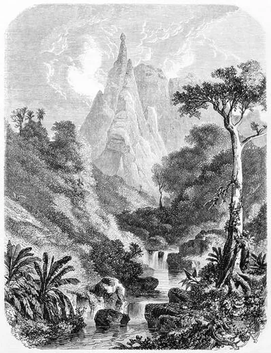 Framed Print : pointed mountain Peter Booth far in the distance behind luxuriant landscape with torrent vertical arranged, Mauritius. Art by Bérard, 1861 Framed Print : pointed mountain Peter Booth far in the distance behind luxuriant landscape with torrent vertical arranged, Mauritius. Art by Bérard, 1861