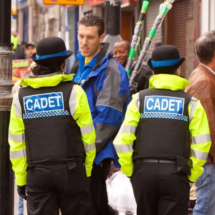 Framed Print : Two Police cadets talking to a member of the public Framed Print : Two Police cadets talking to a member of the public