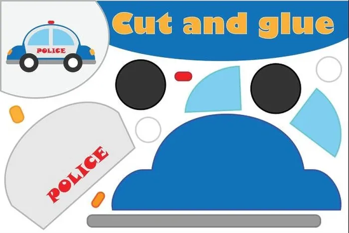 Framed Print : Police car in cartoon style, education game for the development of preschool children, use scissors and glue to create the applique, cut parts of Framed Print : Police car in cartoon style, education game for the development of preschool children, use scissors and glue to create the applique, cut parts of