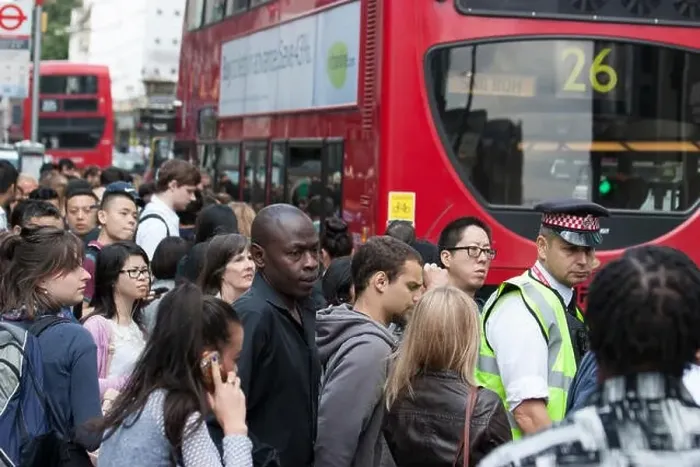 Framed Print : Police control Queues for buses during Londons underground rail tube strike at bus stop at Liverpool street Framed Print : Police control Queues for buses during Londons underground rail tube strike at bus stop at Liverpool street
