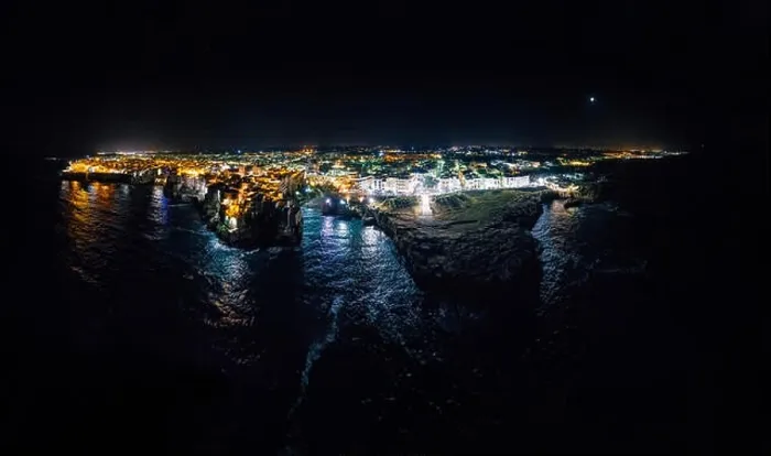 Framed Print : Polignano a Mare Apulia night City Sea Coastline and white houses in Italy Drone 360 vr Framed Print : Polignano a Mare Apulia night City Sea Coastline and white houses in Italy Drone 360 vr