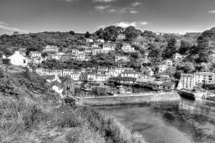 Framed Print : Polperro harbour Cornwall England in black and white HDR Framed Print : Polperro harbour Cornwall England in black and white HDR