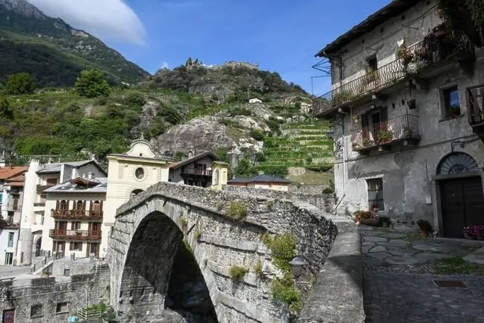 Framed Print : Pont Saint Martin, Italy - 17 September 2023: view at the village of Pont Saint Martin on Aosta valley in Italy