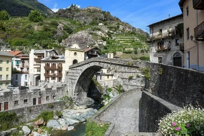 Framed Print : Pont Saint Martin, Italy - 17 September 2023: view at the village of Pont Saint Martin on Aosta valley in Italy Framed Print : Pont Saint Martin, Italy - 17 September 2023: view at the village of Pont Saint Martin on Aosta valley in Italy