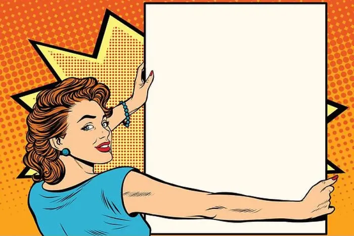 Framed Print : Pop art woman holding a poster Framed Print : Pop art woman holding a poster